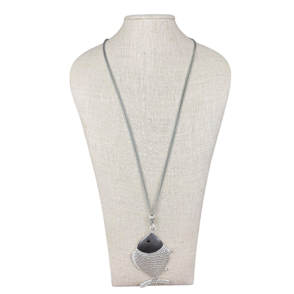 Silver Tone Long Chain Necklace Fish Pendant Adjustable Clasp Unique Design